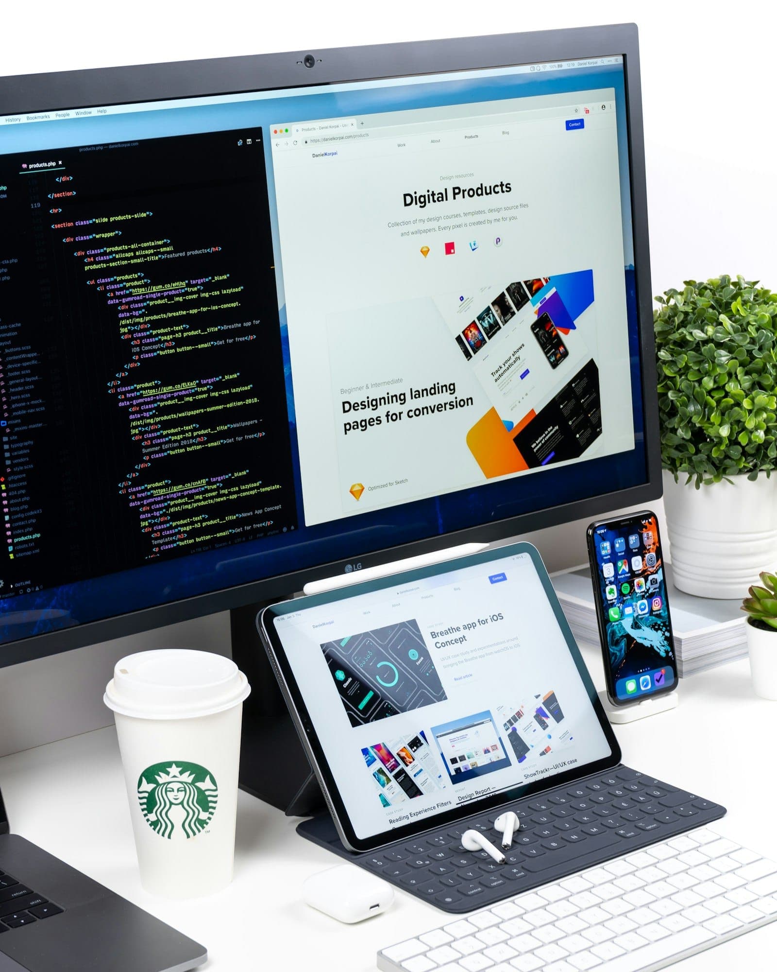 A responsive website shown on a desktop monitor, tablet and phone side by side